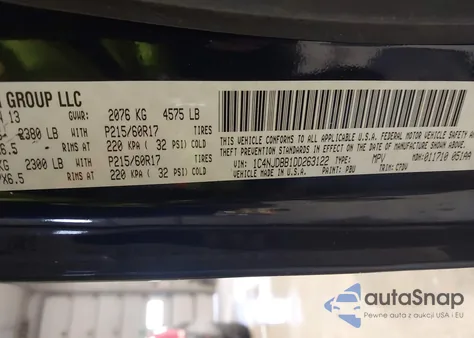 2013 Jeep Compass Sport z USA, uszkodzony, nr VIN 1C4NJDBB1DD263122